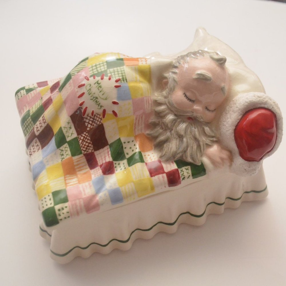 Ceramic Napping Sleeping Santa Claus Storage Box (Lid & Base).